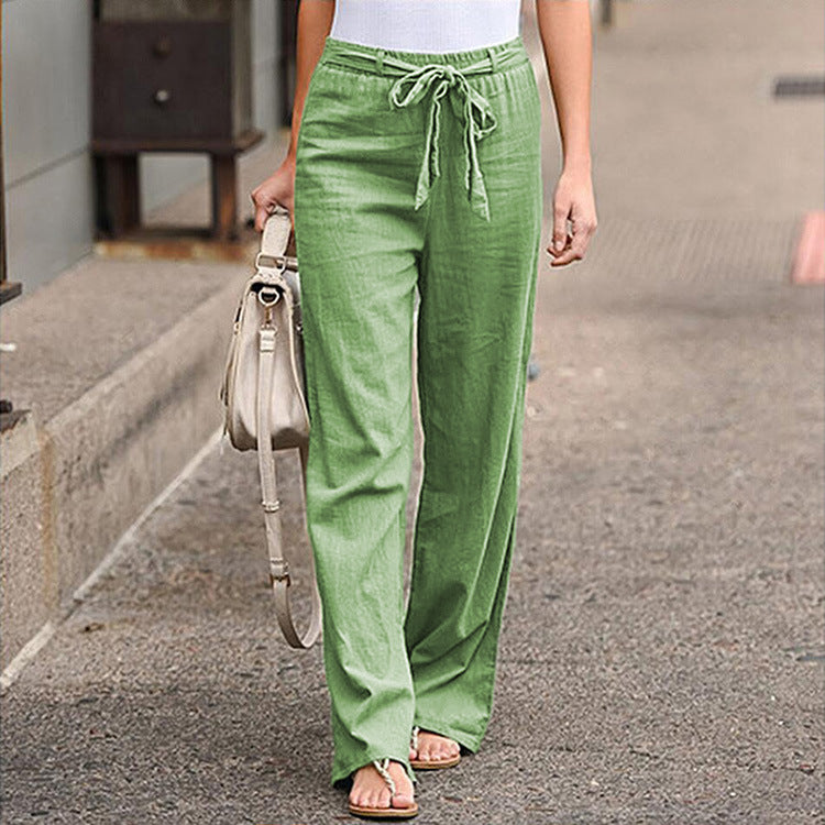 European And American Cotton And Linen Casual Wide-leg Pure Color Elastic Waist Lace-up Loose Women's Trousers