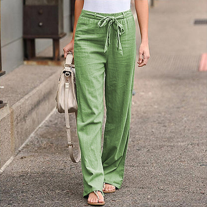 European And American Cotton And Linen Casual Wide-leg Pure Color Elastic Waist Lace-up Loose Women's Trousers