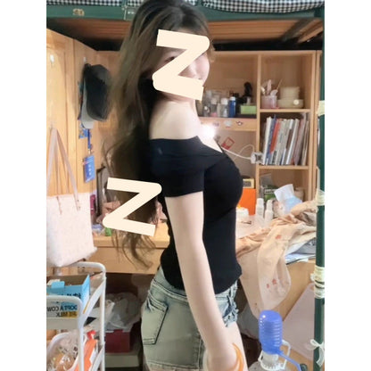 Female Solid Color One Shoulder Off Shoulder V-neck Short Sleeved Shirt