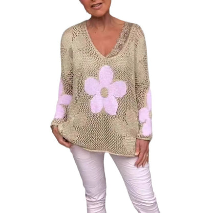 Floral Knitted Hollow Out V-neck Shirt