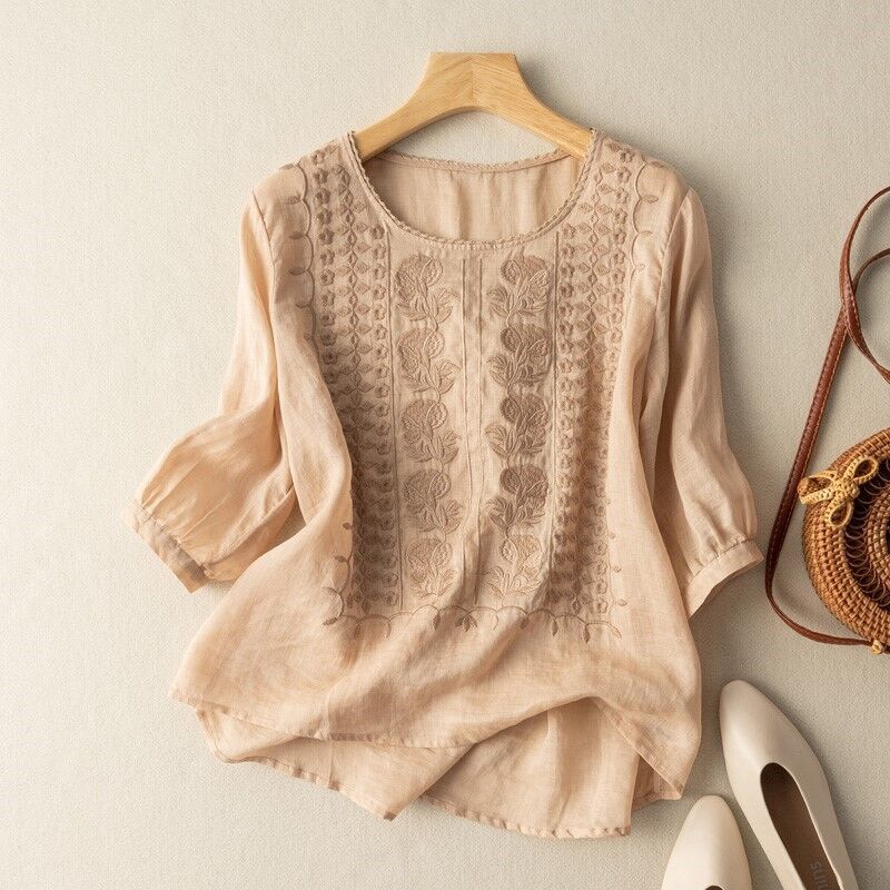 Women's Loose Embroidery Mid Sleeve Ramie Top