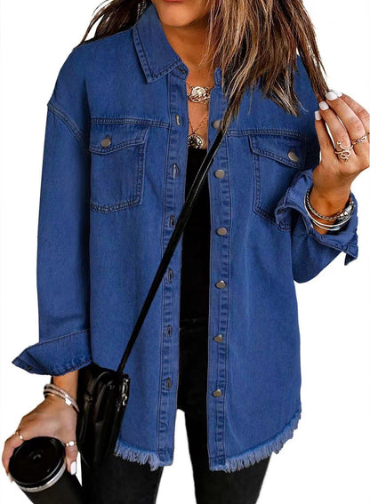 Washed Denim Shirt Women's Personalized Street Style Frayed Hem Coat