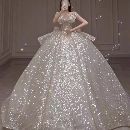 One-shoulder High-quality Long Trailing Heavy Industry Retro Wedding Dress