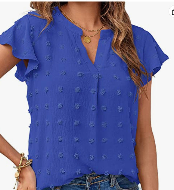 Women's Fashion V-neck Ruffle Sleeve Chiffon Shirt Short Sleeve