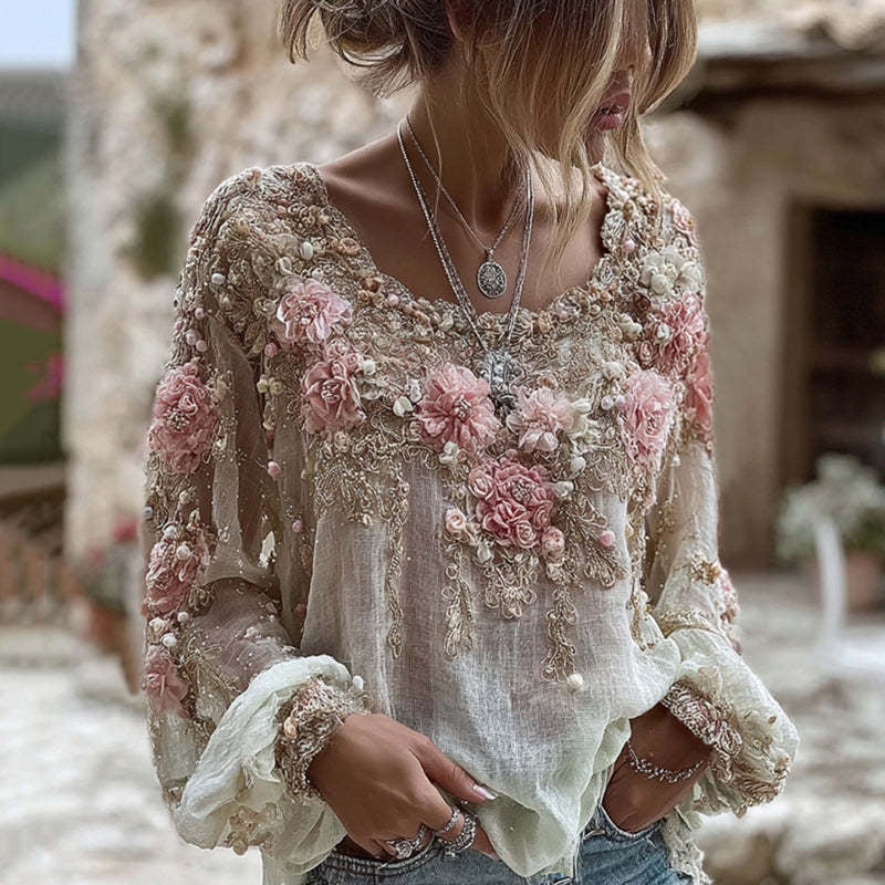 Printed Women's Round Neck Long Sleeve Vintage Bohemian Top