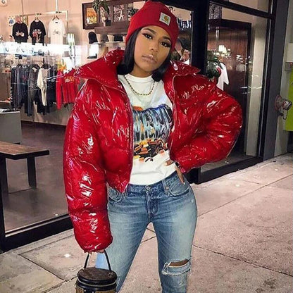 Women's Solid Color Zipper Mirror Leather Warm Padded Jacket