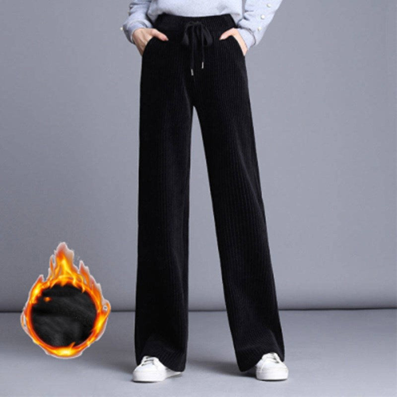 Fashion Straight Solid Pants Casual High Waist Plus Office Lady Elastic Waist Corduroy