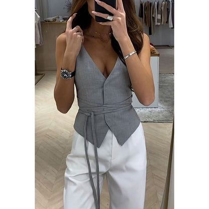 Lace Up Casual Women's Tops INS Vacation Loose Vest