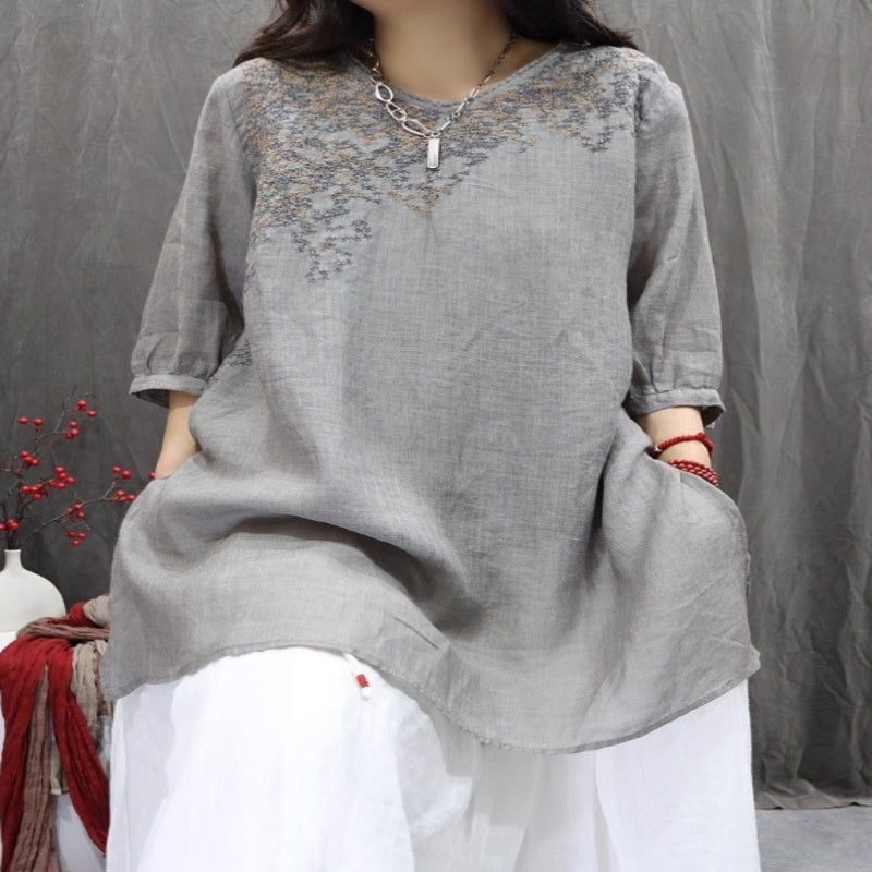 Vintage Embroidered Loose Slim-fit Bohemian Casual Mid-length Top