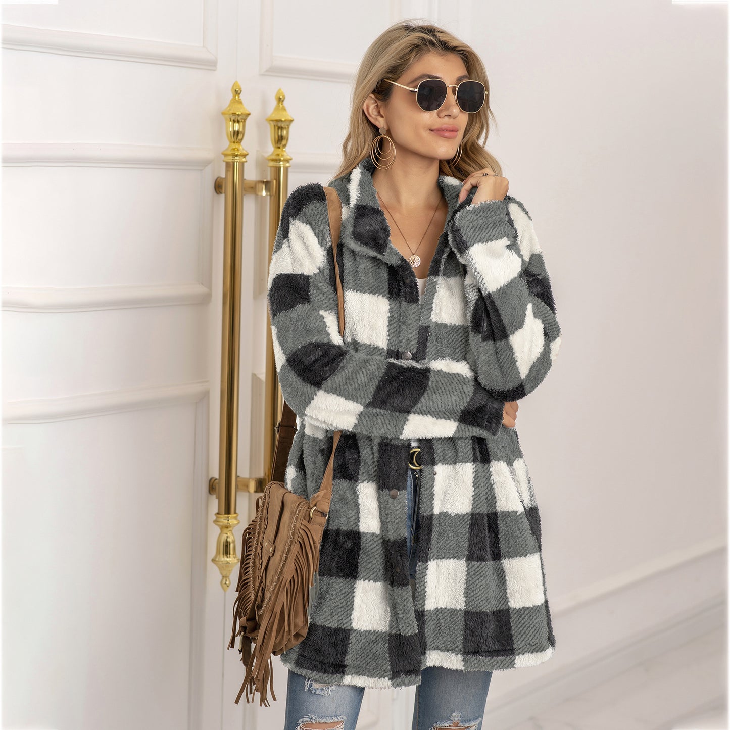 Contrast plaid long coat