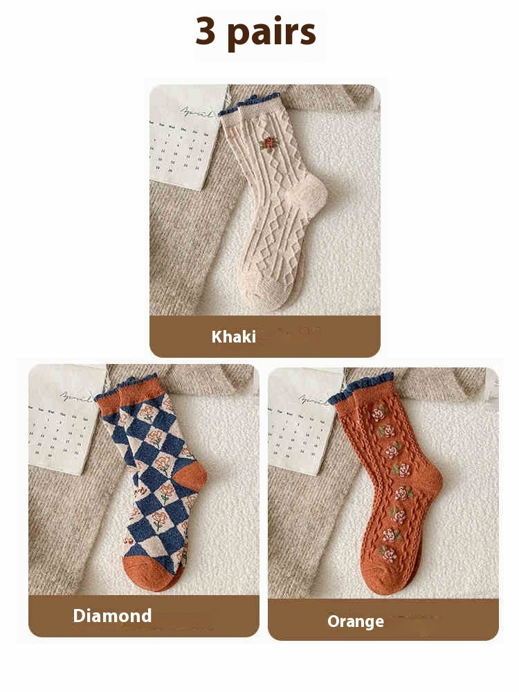 Vintage Small Flower Wool Socks Fleece Lined Padded Warm Keeping Tube Socks