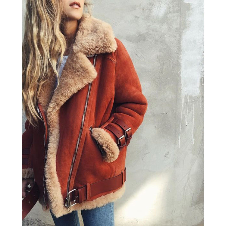 Women's motorcycle deerskin lamb wool coat