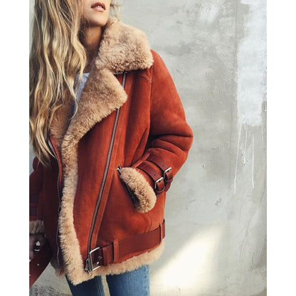 Women's motorcycle deerskin lamb wool coat