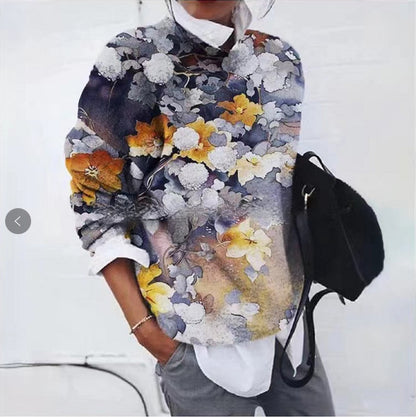 Women's Fashion Wearing Flower Print Loose Long Sleeve Top
