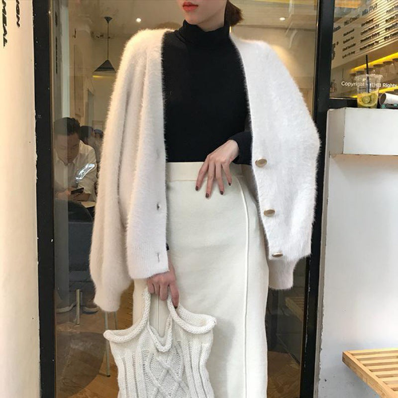 V-Neck Knitted Cardigan Button Mink Like Coat