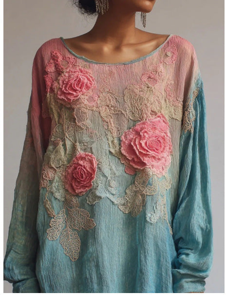 Printed Women's Round Neck Long Sleeve Vintage Bohemian Top