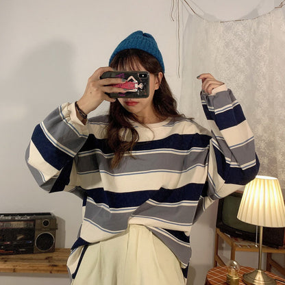 Women's Fashion Striped Long Sleeves Loose Bottoming Shirt