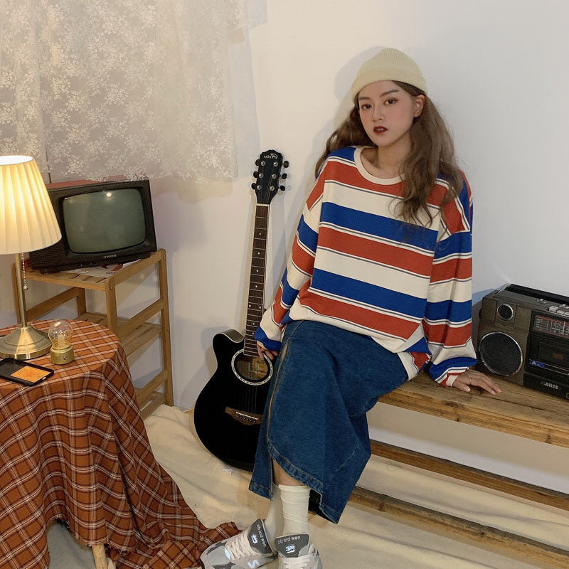 Women's Fashion Striped Long Sleeves Loose Bottoming Shirt