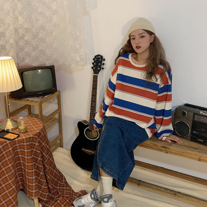 Women's Fashion Striped Long Sleeves Loose Bottoming Shirt