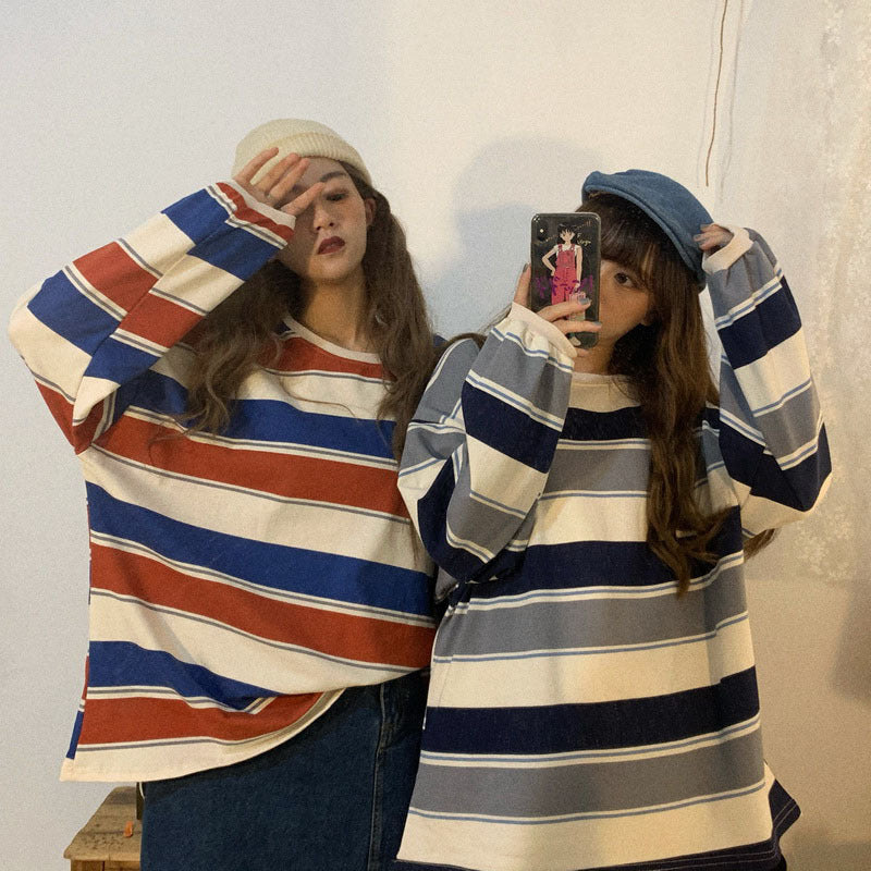 Women's Fashion Striped Long Sleeves Loose Bottoming Shirt