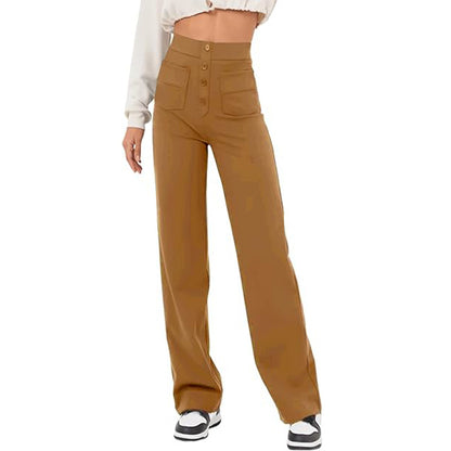New Fall Women's Clothing High Waist Pocket Wide Leg Button Casual Baggy Straight Trousers Trousers