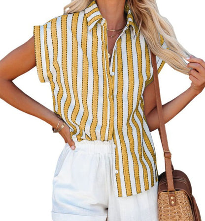Short Sleeve Striped Women's Loose Single Breasted Shirt
