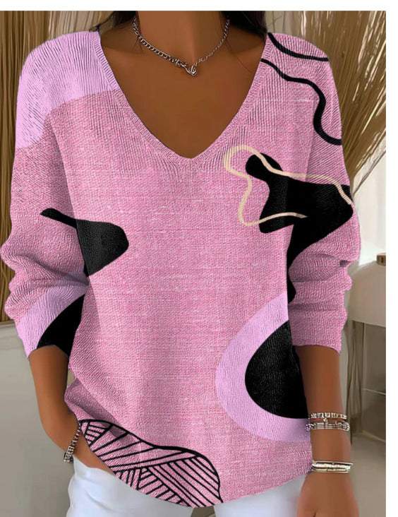 Printed Women's Gradient Color V-neck Long-sleeved T-shirt