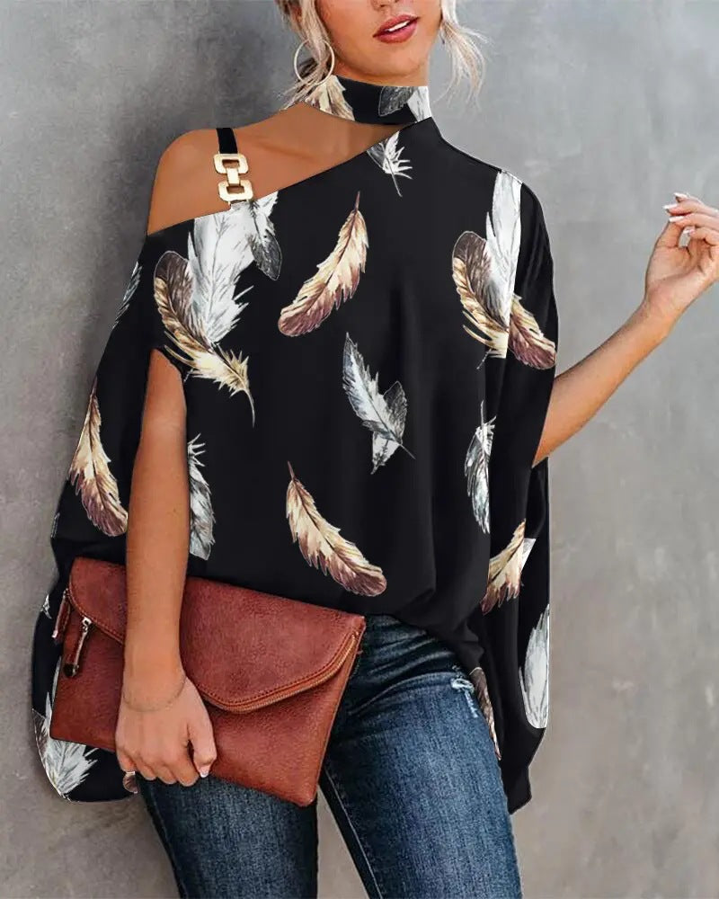 Women's Fashion Doll Sleeve Printed Shirt