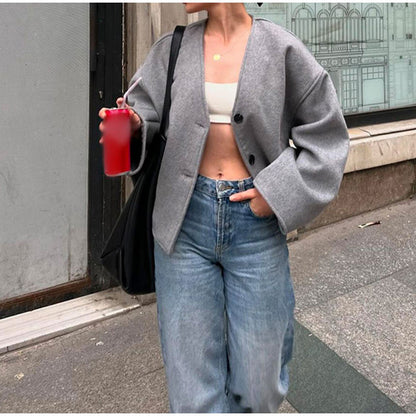 Women's V-neck Long Sleeve Button Short Coat
