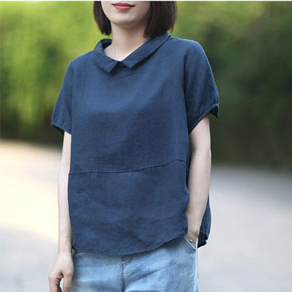 Women's Fashion Casual Loose Cotton And Linen Short Sleeve Stitching Shirt