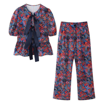 Flower Print Bowknot Decoration Short Sleeve Top Straight Casual Trousers Suit