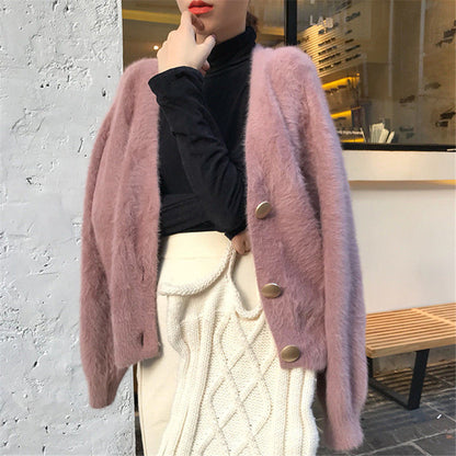 V-Neck Knitted Cardigan Button Mink Like Coat
