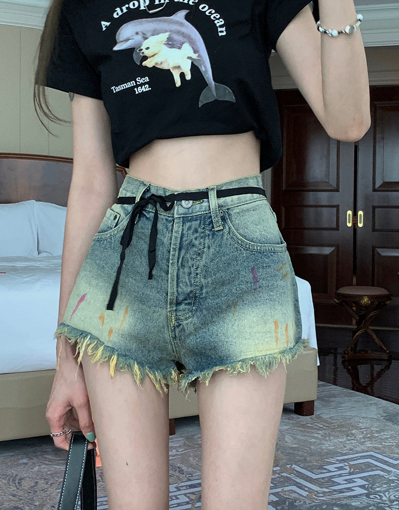Women's Summer High Waist Vintage Raw Edge Denim Shorts
