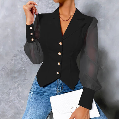 Single-breasted Mesh Sleeves Slim Top Sexy Lining