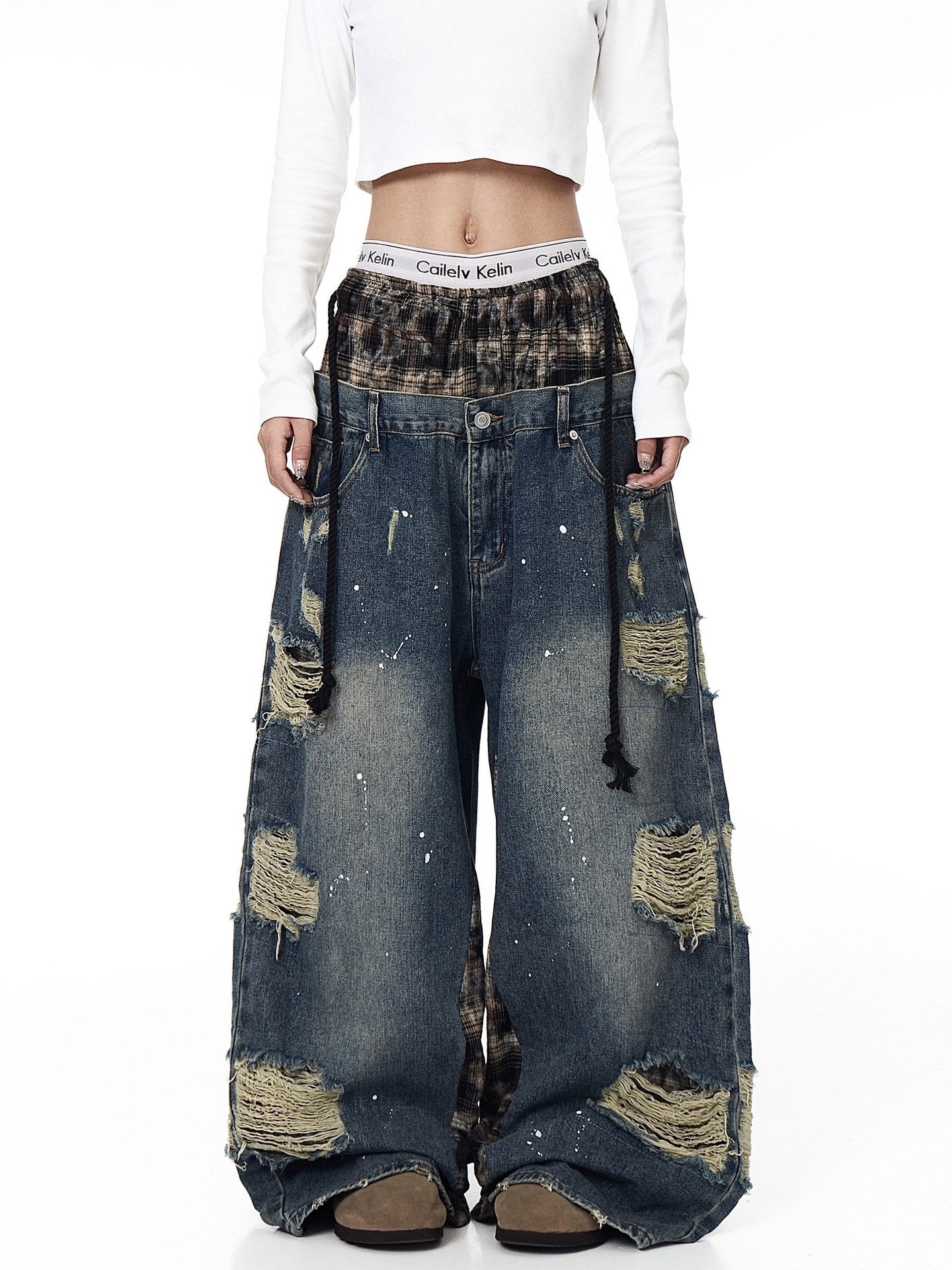 Womens Retro Ripped Wide-Leg Denim Jeans
