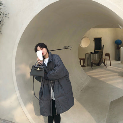 Loose Korean Style Thick Retro Over The Knee Simple Coat