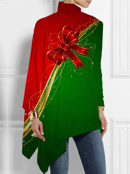 Christmas Abstract 3D Printed Loose Turtleneck Urban Casual Women's T-shirt