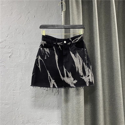 Summer High Waist Slim Personalized Pattern Denim Skirt