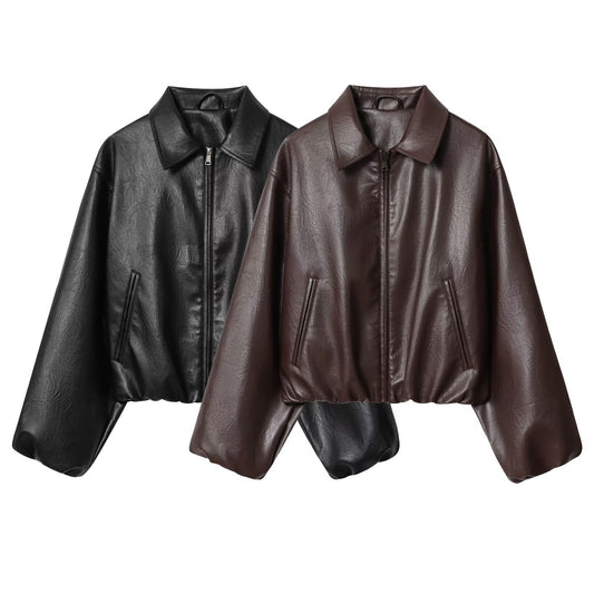 Lapel Long Sleeve PU Zipper Jacket Baseball Uniform Jacket