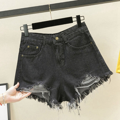 Women's Fashion Casual High Waist Ripped Tassel Raw Edge Denim Shorts