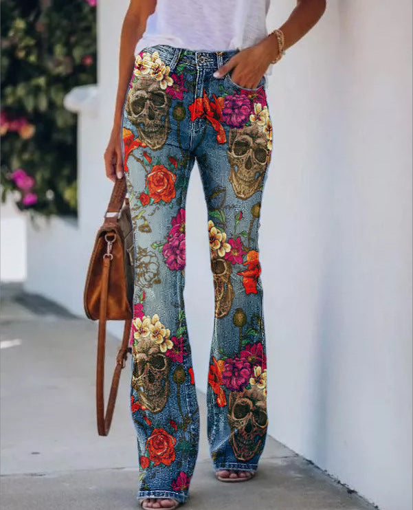European And American Plus Size Women's Casual Pants Floral Thin Trousers