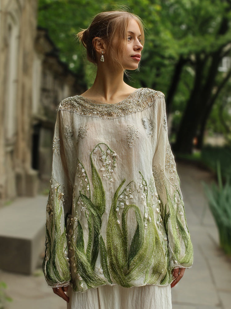 Printed Women's Round Neck Long Sleeve Vintage Bohemian Top