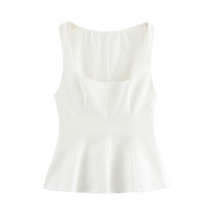 Pleated Slim-fit Square Collar Sleeveless Small Top