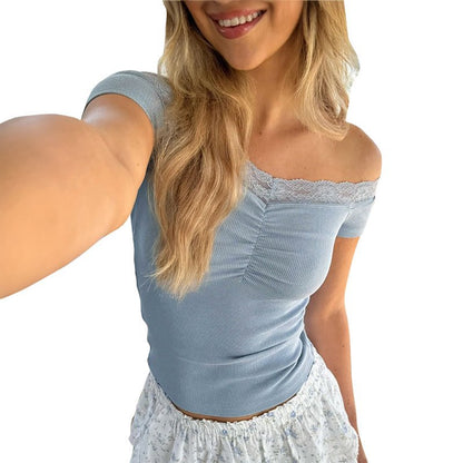 Solid Color Sleeveless Off-neck Lace Top