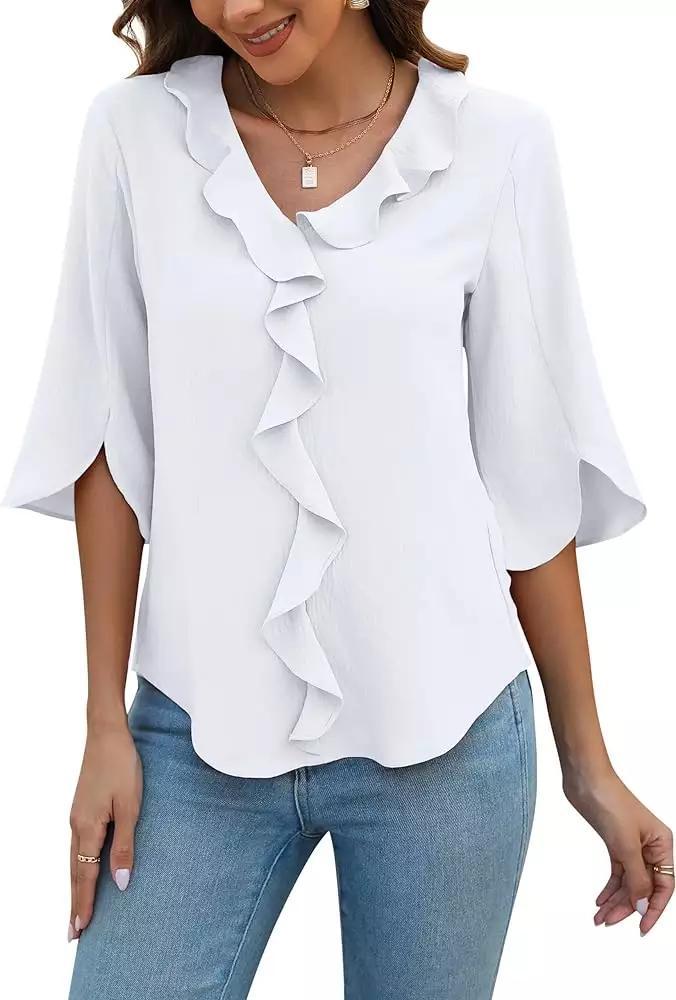 Lady Literature Leisure Commute All-matching Loose All-matching V-neck Flounce Shirt