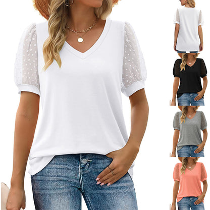 Women's T-shirt Solid Color V-neck Simple Mesh Bubble Sleeve