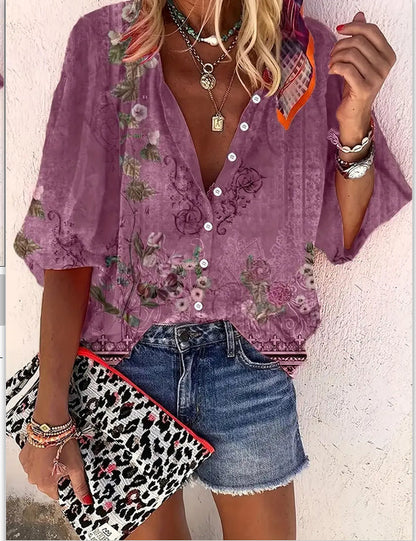 Women's Fashion Stand Collar Loose Button Vintage Printed Casual Shirt