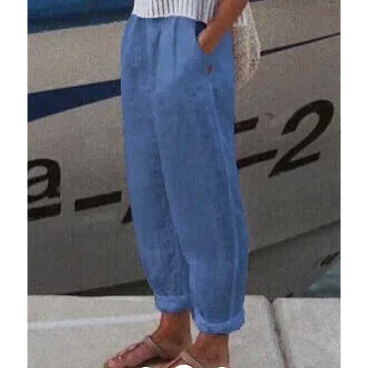 Women's Temperament Commuter Cotton Linen Straight Pocket Casual Pants