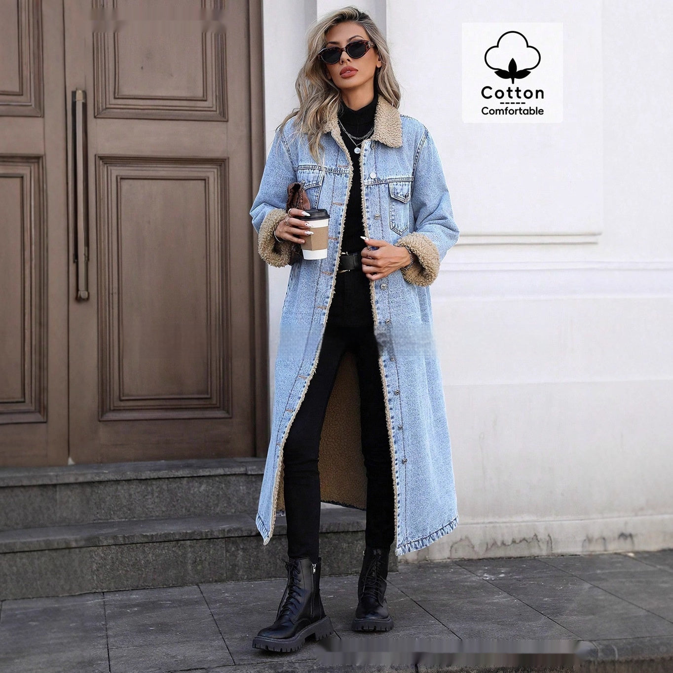 Womens Loose, Long, Fleece-lined Cotton Denim Jacket