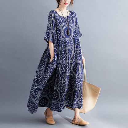 Loose Cotton And Linen Print Short-sleeved Dress
